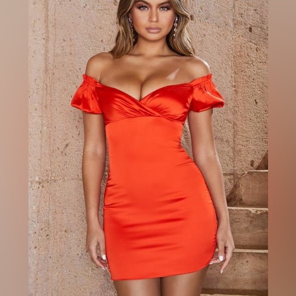 Oh Polly Infinite Love Puff Sleeve Satin Mini Dress Orange - Picture 1 of 5
